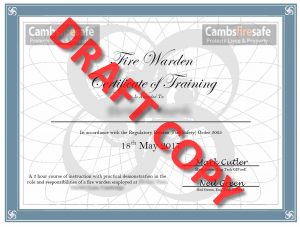 Draft copy of fire safety training certificate. 